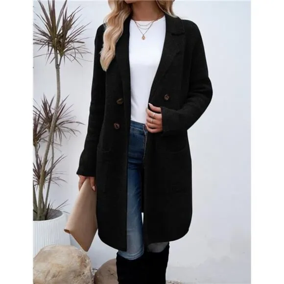 Women Fall Long Cardigan Sweater Trendy D Black