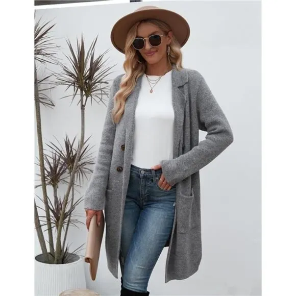 Women Fall Long Cardigan Sweater Trendy Gray