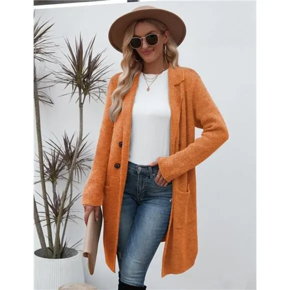 Women Fall Long Cardigan Sweater Trendy Orange