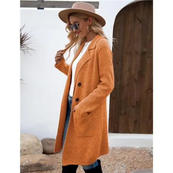 Women Fall Long Cardigan Sweater Trendy Orange
