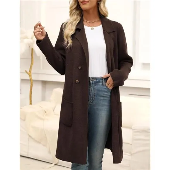 Women Fall Long Cardigan Sweater Trendy Pure Coffee