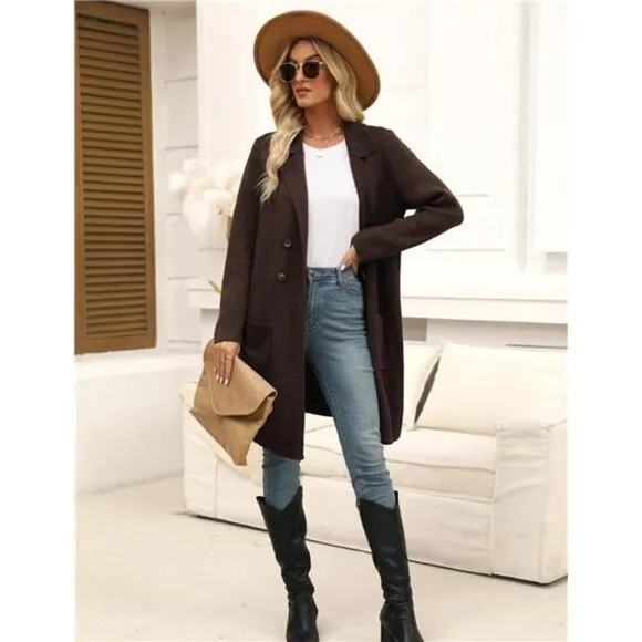 Women Fall Long Cardigan Sweater Trendy Pure Coffee