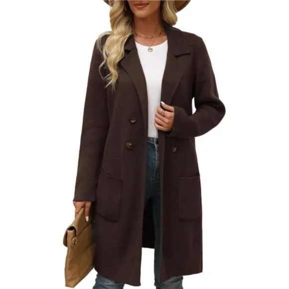 Women Fall Long Cardigan Sweater Trendy Pure Coffee