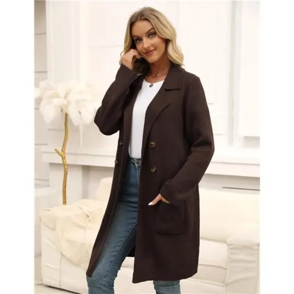 Women Fall Long Cardigan Sweater Trendy Pure Coffee