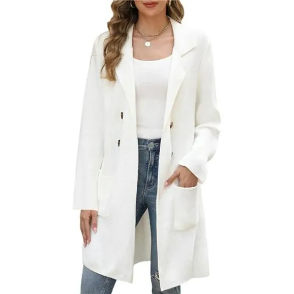 Women Fall Long Cardigan Sweater Trendy Pure White