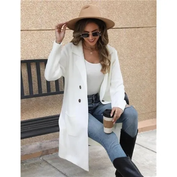 Women Fall Long Cardigan Sweater Trendy Pure White