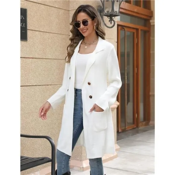 Women Fall Long Cardigan Sweater Trendy Pure White