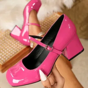 Women Mary Janes Chunky High-Heeled Leather Square-Toed Red Shoes