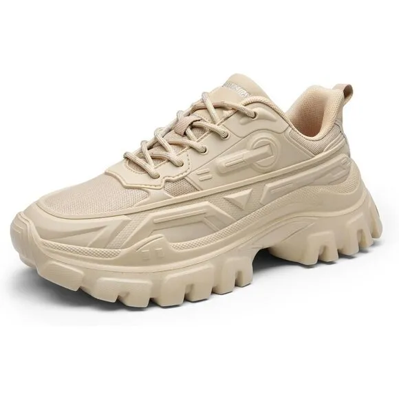 Women Tan Chunky Fashion Sneakers Bold Lace-Up Comfortable Sneakers