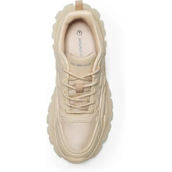 Women Tan Chunky Fashion Sneakers Bold Lace-Up Comfortable Sneakers