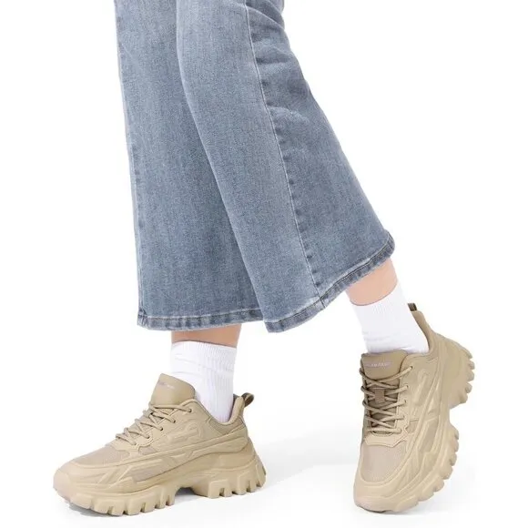 Women Tan Chunky Fashion Sneakers Bold Lace-Up Comfortable Sneakers