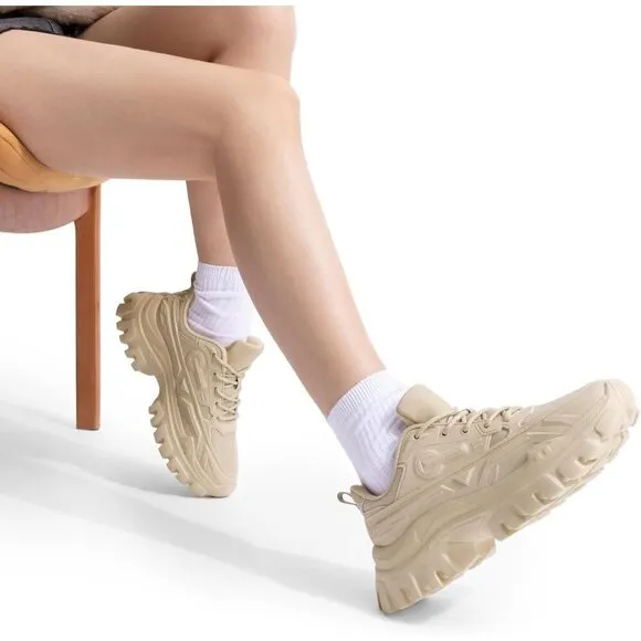Women Tan Chunky Fashion Sneakers Bold Lace-Up Comfortable Sneakers