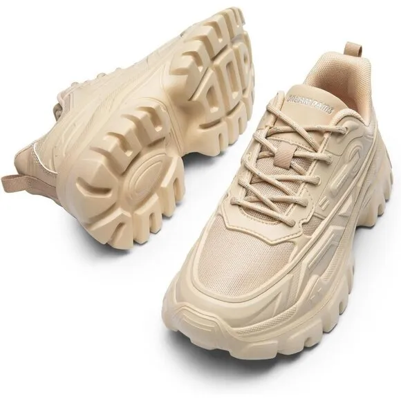 Women Tan Chunky Fashion Sneakers Bold Lace-Up Comfortable Sneakers