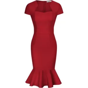 Womens Elegant Midi Tweed Bodycon Dress Red-fishtail