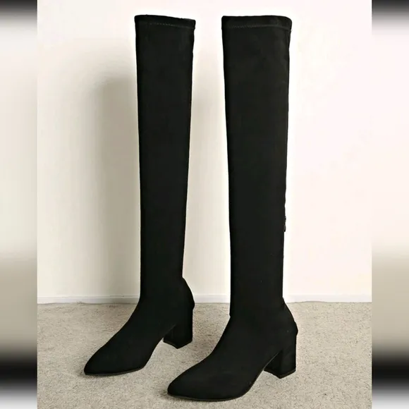 Women's Fashion Thigh High Boots With Zipper, Pointed Toe, Chunky Heel, Suitable