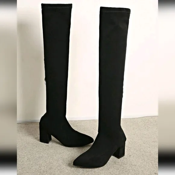 Women's Fashion Thigh High Boots With Zipper, Pointed Toe, Chunky Heel, Suitable