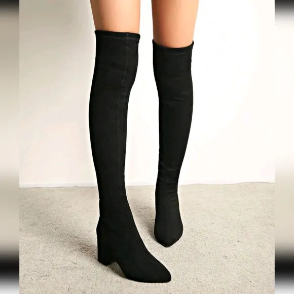 Women's Fashion Thigh High Boots With Zipper, Pointed Toe, Chunky Heel, Suitable