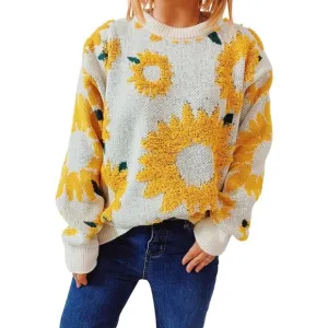 Women's Oversized Flower Crewneck Cable Knit Pullover Long Sleeve Chunky Sweater