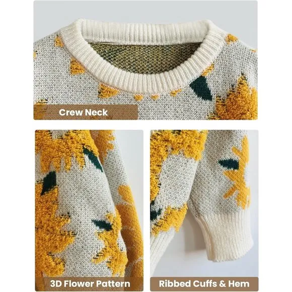 Women's Oversized Flower Crewneck Cable Knit Pullover Long Sleeve Chunky Sweater