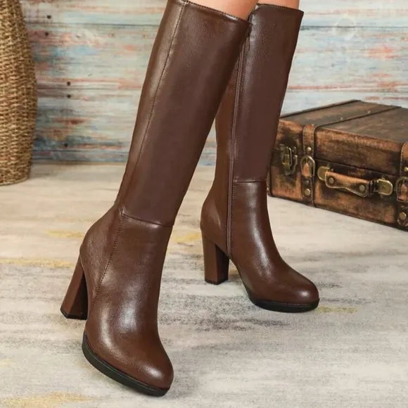 Women's Thick High-Heeled Brown Boots With Skirt Waterproof Platform