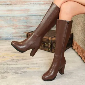 Women's Thick High-Heeled Brown Boots With Skirt Waterproof Platform