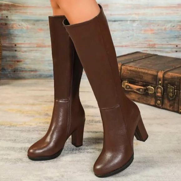 Women's Thick High-Heeled Brown Boots With Skirt Waterproof Platform