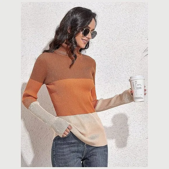 Women's Turtleneck Ribbed Long Sleeve Sweater Pullover Tops Orange&amp;brown