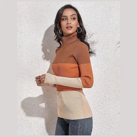 Women's Turtleneck Ribbed Long Sleeve Sweater Pullover Tops Orange&amp;brown