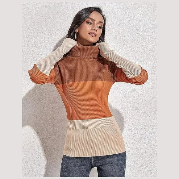 Women's Turtleneck Ribbed Long Sleeve Sweater Pullover Tops Orange&amp;brown