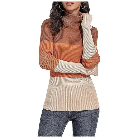 Women's Turtleneck Ribbed Long Sleeve Sweater Pullover Tops Orange&amp;brown