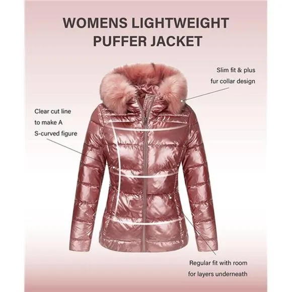 Women's Warm Quilted Bubble Padded Hood Coat with Faux Fur Collar, Dark Pink