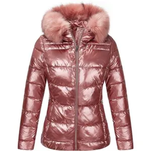Women's Warm Quilted Bubble Padded Hood Coat with Faux Fur Collar, Dark Pink