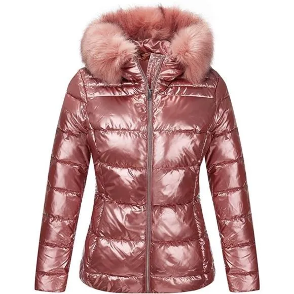 Women's Warm Quilted Bubble Padded Hood Coat with Faux Fur Collar, Dark Pink
