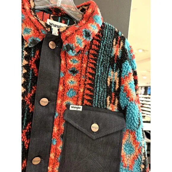 Wrangler Aztec Fleece Indigo Denim Trucker Jacket Southwestern Sherpa Pendleton