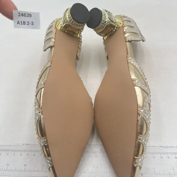 XYD Gold Pointed Toe D'Orsay Crystal Chunky Low Heel Rhinestone Studs Pump