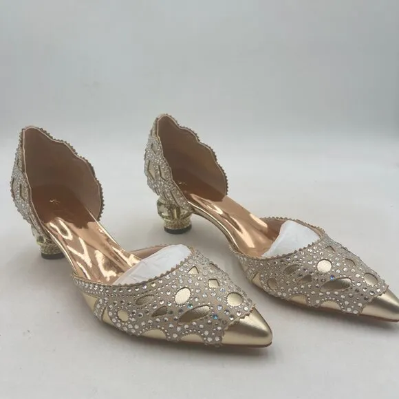 XYD Gold Pointed Toe D'Orsay Crystal Chunky Low Heel Rhinestone Studs Pump