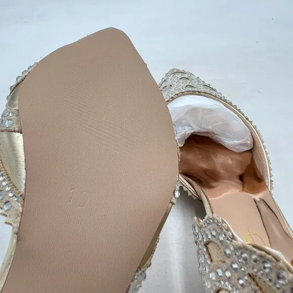 XYD Gold Pointed Toe D'Orsay Crystal Chunky Low Heel Rhinestone Studs Pump