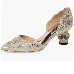 XYD Gold Pointed Toe D'Orsay Crystal Chunky Low Heel Rhinestone Studs Pump