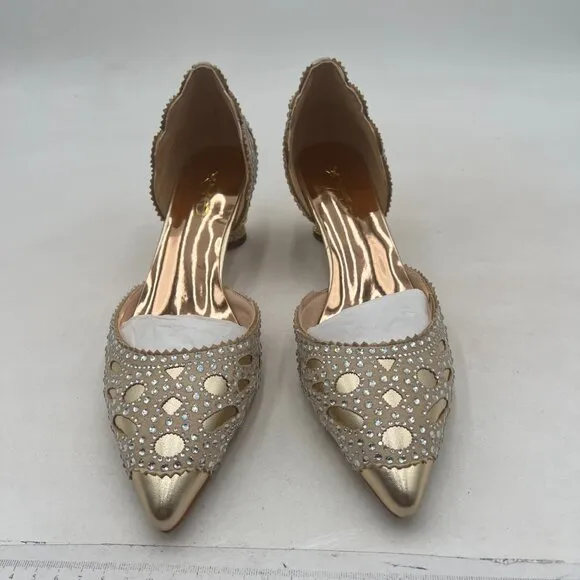 XYD Gold Pointed Toe D'Orsay Crystal Chunky Low Heel Rhinestone Studs Pump