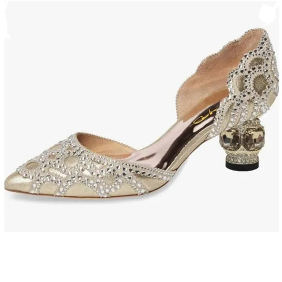 XYD Gold Pointed Toe D'Orsay Crystal Chunky Low Heel Rhinestone Studs Pump
