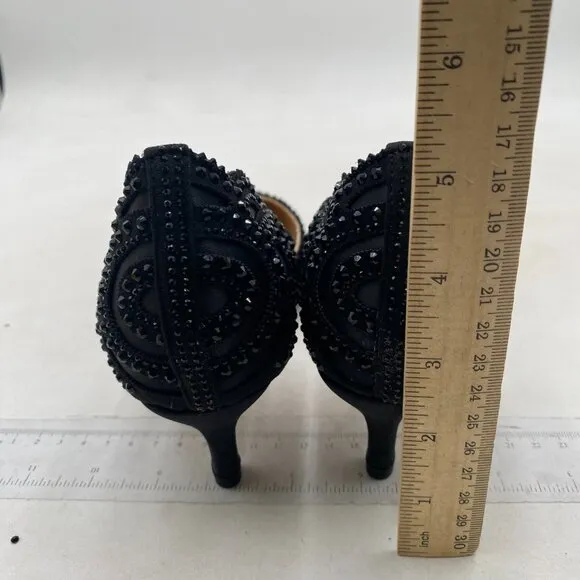 XYD Women's Pumps, Pointed Toe, D'Orsay Kitten Low Heels, Rhinestone Studs Black