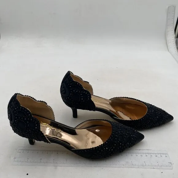 XYD Women's Pumps, Pointed Toe, D'Orsay Kitten Low Heels, Rhinestone Studs Black
