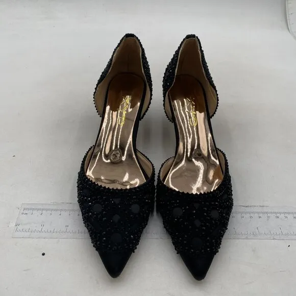 XYD Women's Pumps, Pointed Toe, D'Orsay Kitten Low Heels, Rhinestone Studs Black