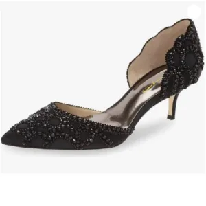 XYD Women's Pumps, Pointed Toe, D'Orsay Kitten Low Heels, Rhinestone Studs Black