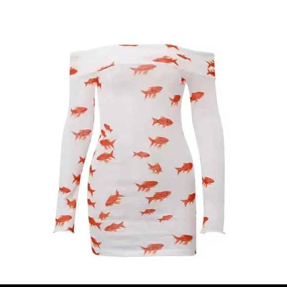 Y2K goldfish fish sea ocean dress off shoulder white mini dress size L