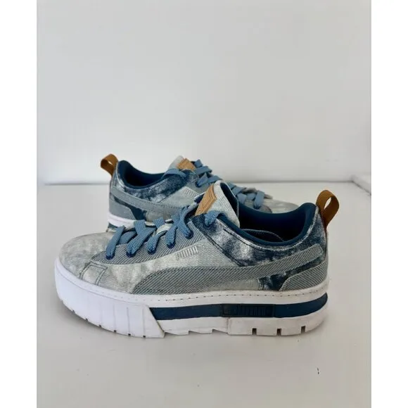 Y2K Puma Sneakers 8 Blue Denim Platform Chunky Sole Tie-Dye Festival Streetwear