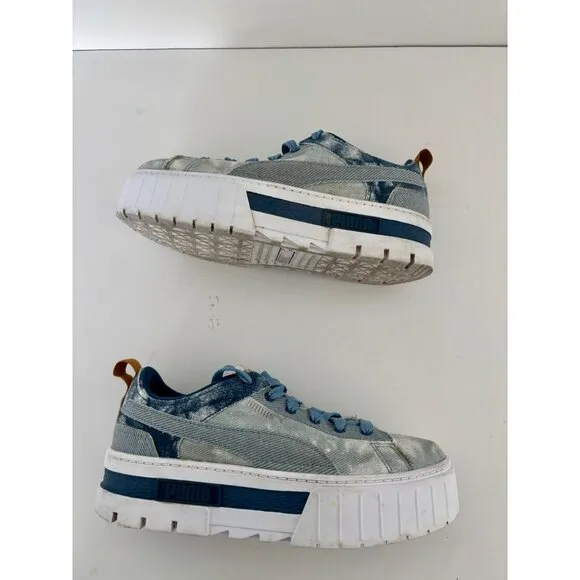Y2K Puma Sneakers 8 Blue Denim Platform Chunky Sole Tie-Dye Festival Streetwear