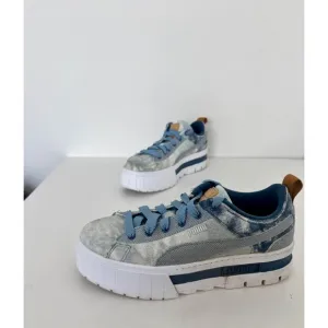 Y2K Puma Sneakers 8 Blue Denim Platform Chunky Sole Tie-Dye Festival Streetwear