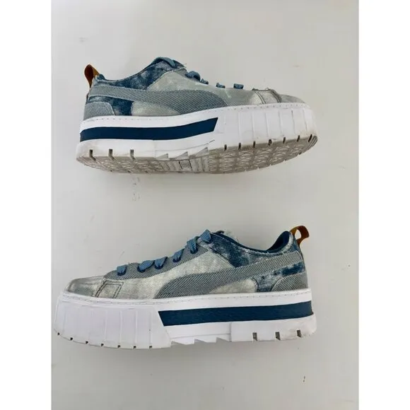 Y2K Puma Sneakers 8 Blue Denim Platform Chunky Sole Tie-Dye Festival Streetwear