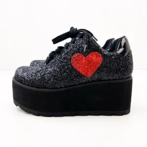 YRU Lala Heart Platform Sneakers Black Red Glitter Size 8